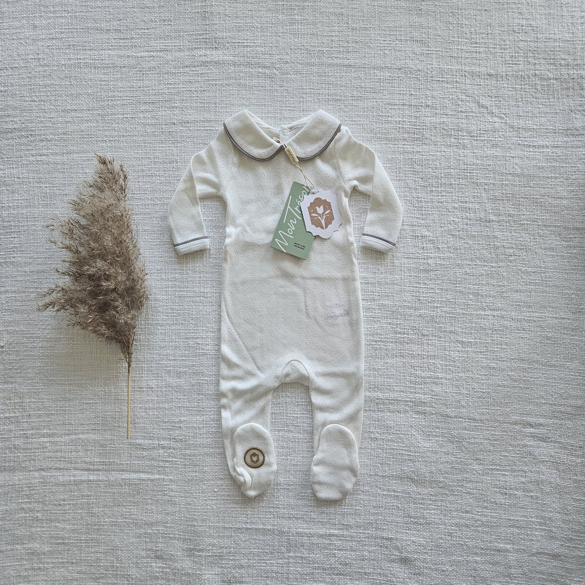 Mon Tresor Collared Pointelle Footie in Ivory & Taupe 3m