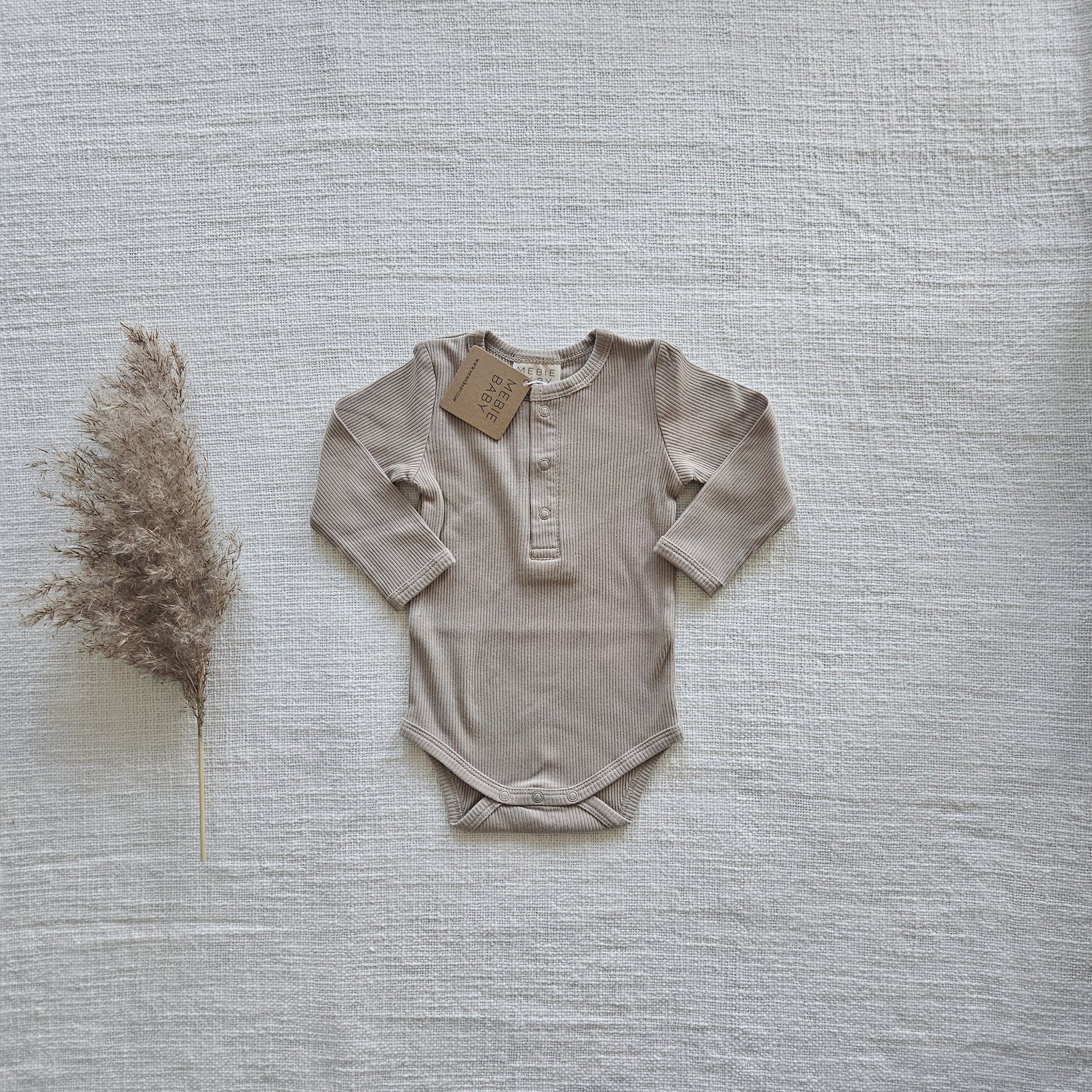 Mebie Baby Long Sleeve Ribbed Bodysuit in Oatmeal 0-3m