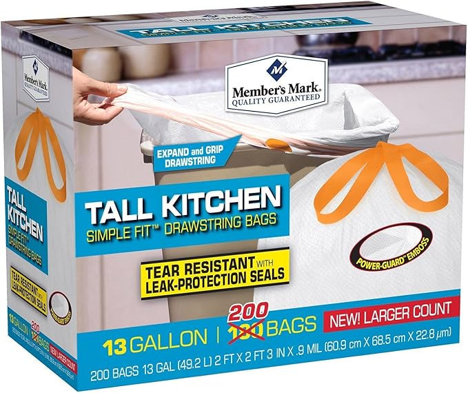 Member's Mark Power Flex 13 Gallon Tall Kitchen Trash Bags 200ct