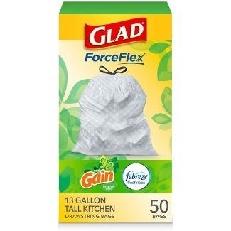 Glad ForceFlex 13 Gallon Trash Bags with Gain 50ct
