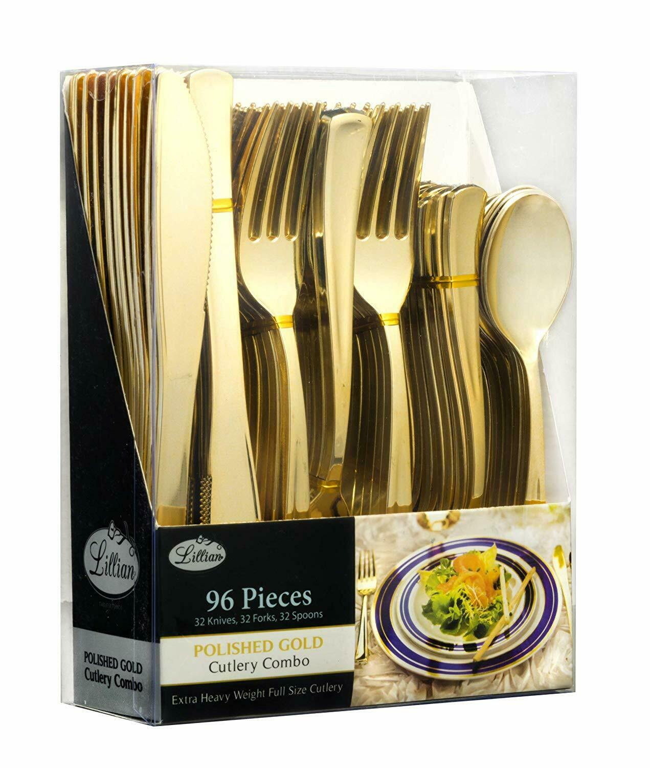 Lillian Polished Gold Plastic Cutlery 96ct